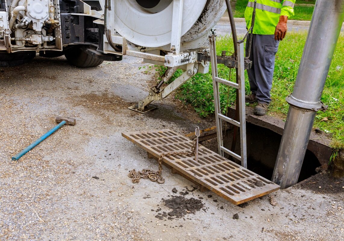 Sewage industrial cleaning truck clean blockage in a sewer line. Sewage industrial cleaning truck clean blockage in a sewer line machine from the inside.